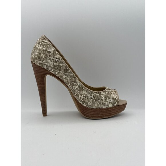 Levity Womens Peep Toe Platform Heels Size 7M Woven Texture Beige & Brown - Picture 3 of 7